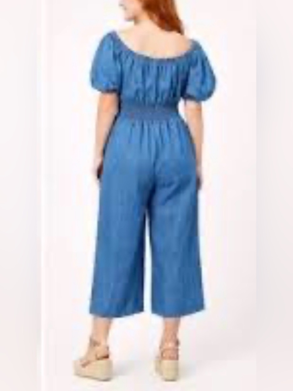 Blush Blue Puff-Sleeve Smocked Wide-Leg Jumpsuit Size:2X - Picture 2 of 15